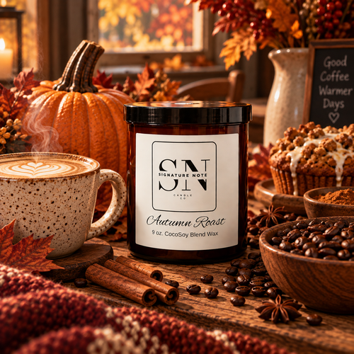 A jar candle labeled 'Autumn Roast' by Signature Note Candle Co. is styled on a rustic wooden table with fall-themed props including a pumpkin, cinnamon sticks, coffee beans, a mug of latte art coffee, and a muffin in a cozy indoor setting.