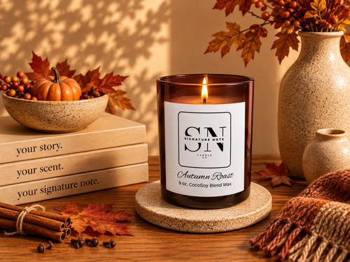 A lit amber glass candle with a white label reading 'Signature Note' and 'Autumn Roast' sits on a stone coaster on a wooden table, surrounded by fall decor including books, leaves, a small pumpkin, cinnamon sticks, and a scarf.