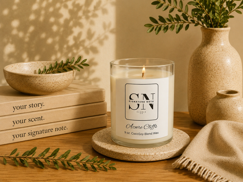 A lit candle in a clear glass jar sits on a round coaster on a wooden table, surrounded by books, a ceramic bowl, a vase with greenery, and a folded knit cloth. The candle label reads 'Signature Note Candle Co' and 'Azure Cliffs'.
