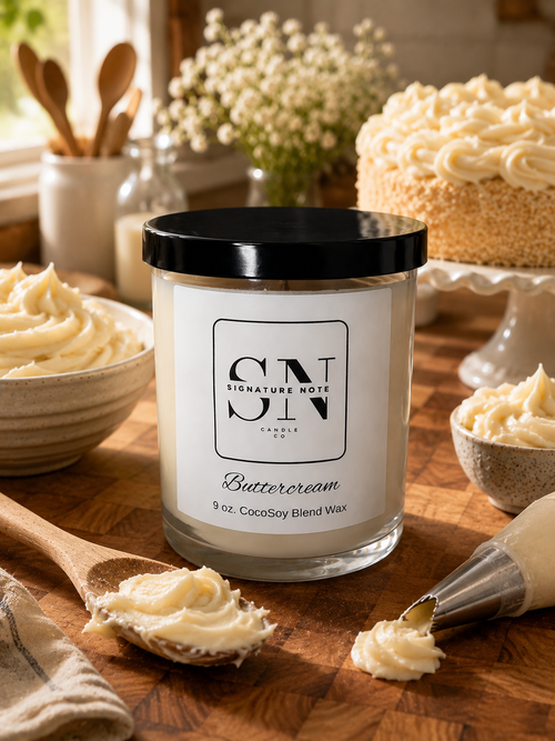 A candle jar labeled 'Signature Note Candle Co. Buttercream' sits on a wooden table surrounded by frosting bowls, a piping bag, and a decorated cake in a warm kitchen-like setting.