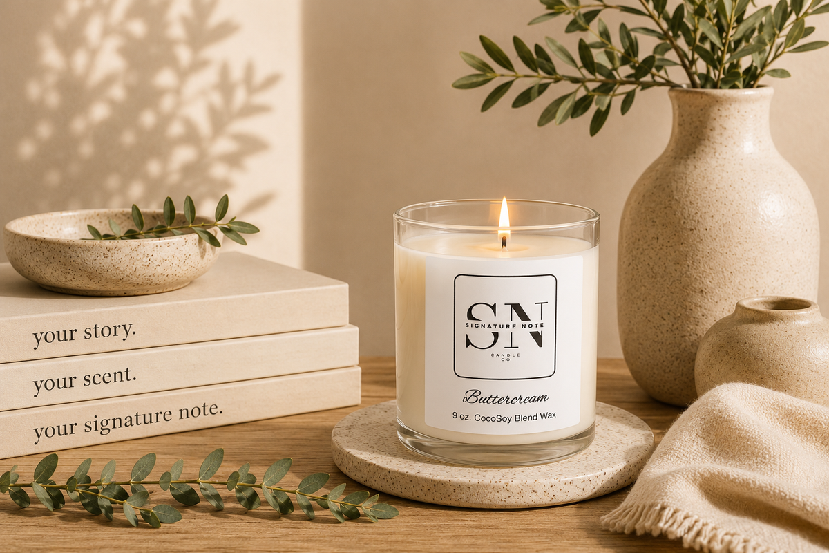A lit candle in a clear glass jar sits on a round coaster on a wooden table, surrounded by books, a ceramic bowl, a vase with greenery, and a folded knit cloth. The candle label reads 'Signature Note Candle Co' and 'Buttercream'.