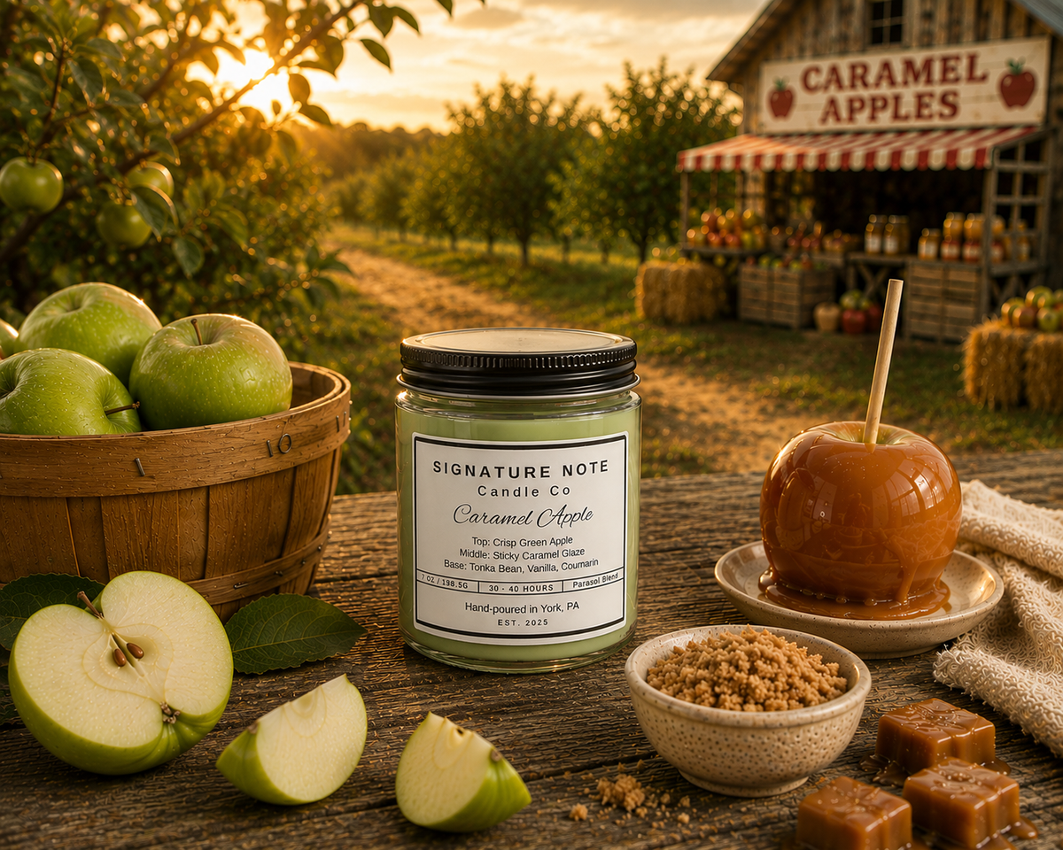 A 7 oz candle by ‘Signature Note Candle Co’ in a clear glass jar with a black lid, labeled 'Caramel Apple' styled in an orchard on a wooden table with a candle, a basket of green apples, a bowl of brown sugar, a caramel apple on a plate, caramels, and a barn in the background. 