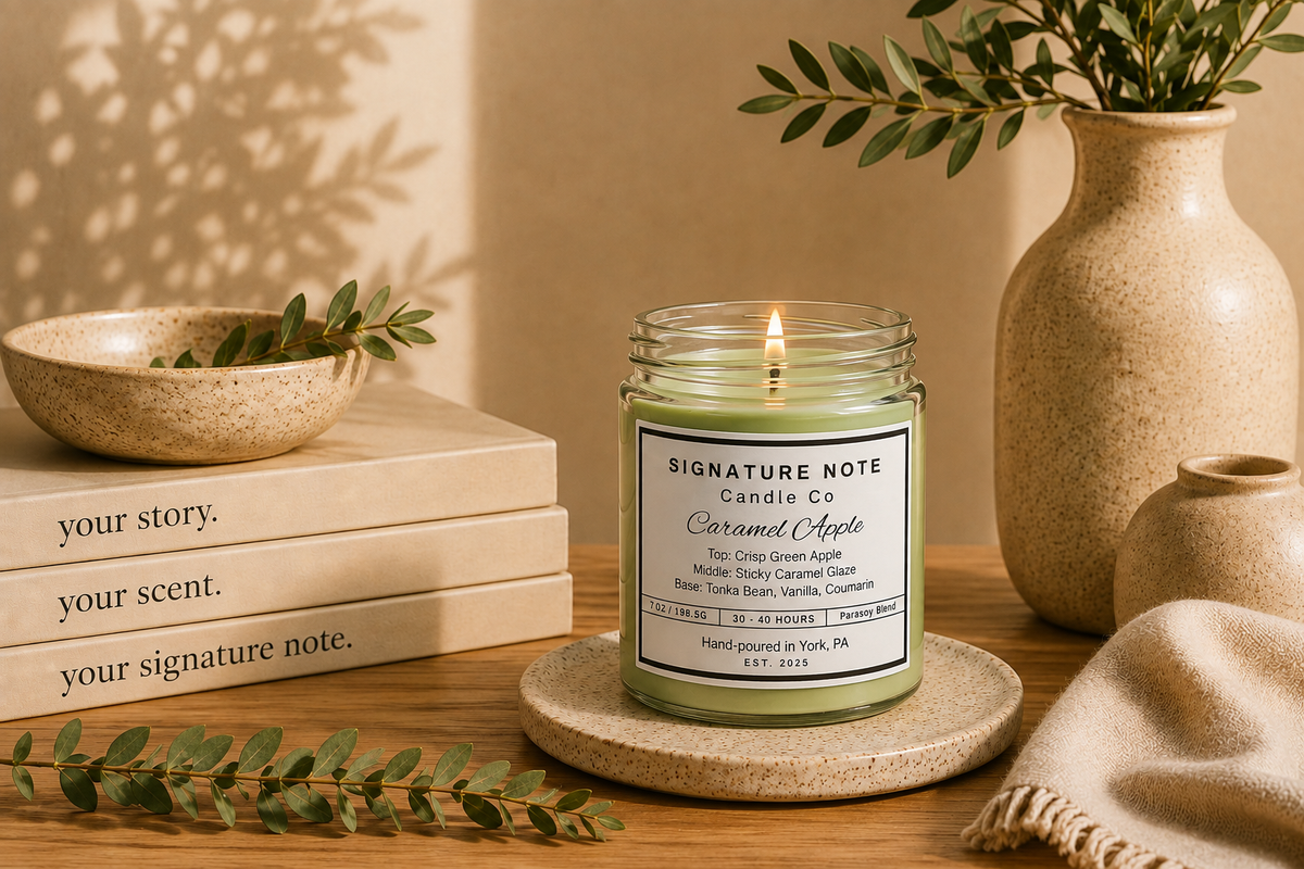 A lit candle in a clear glass jar with green wax sits on a round coaster on a wooden table, surrounded by books, a ceramic bowl, a vase with greenery, and a folded knit cloth. The candle label reads 'Signature Note Candle Co' and 'Caramel Apple'. 