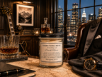 A 9 oz candle by ‘Signature Note Candle Co’ in a clear glass jar with a black lid, labeled 'Dark Horse' sits on a tabletop in a moody, dimly lit room with a city skyline at night visible through the window behind it.