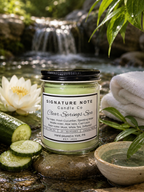 A 9 oz candle by ‘Signature Note Candle Co’ in a clear glass jar with a black lid, labeled 'Clear Springs Spa' outdoors near a small waterfall and stream with cucumber slices, a white flower, folded towels, and a bowl.