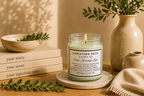 A lit candle in a clear glass jar sits on a round coaster on a wooden table, surrounded by books, a ceramic bowl, a vase with greenery, and a folded knit cloth. The candle label reads 'Signature Note Candle Co' and 'Clear Springs Spa'.
