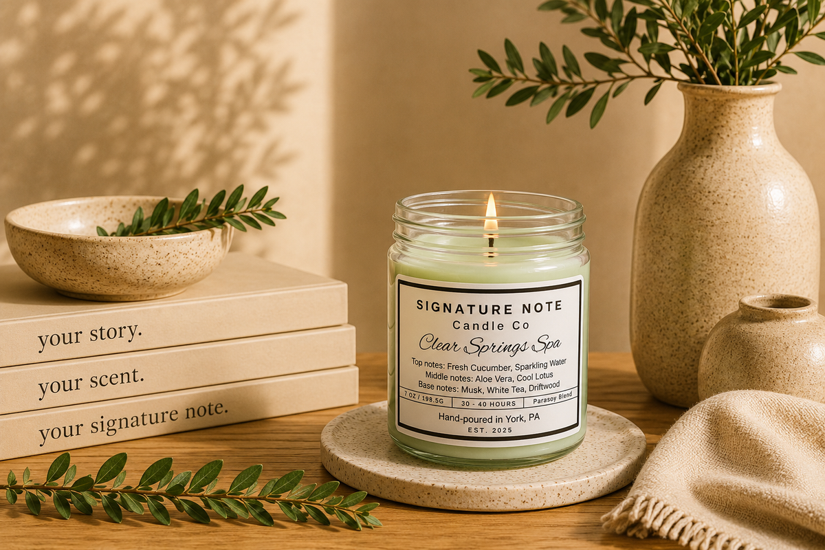 A lit candle in a clear glass jar sits on a round coaster on a wooden table, surrounded by books, a ceramic bowl, a vase with greenery, and a folded knit cloth. The candle label reads 'Signature Note Candle Co' and 'Clear Springs Spa'.
