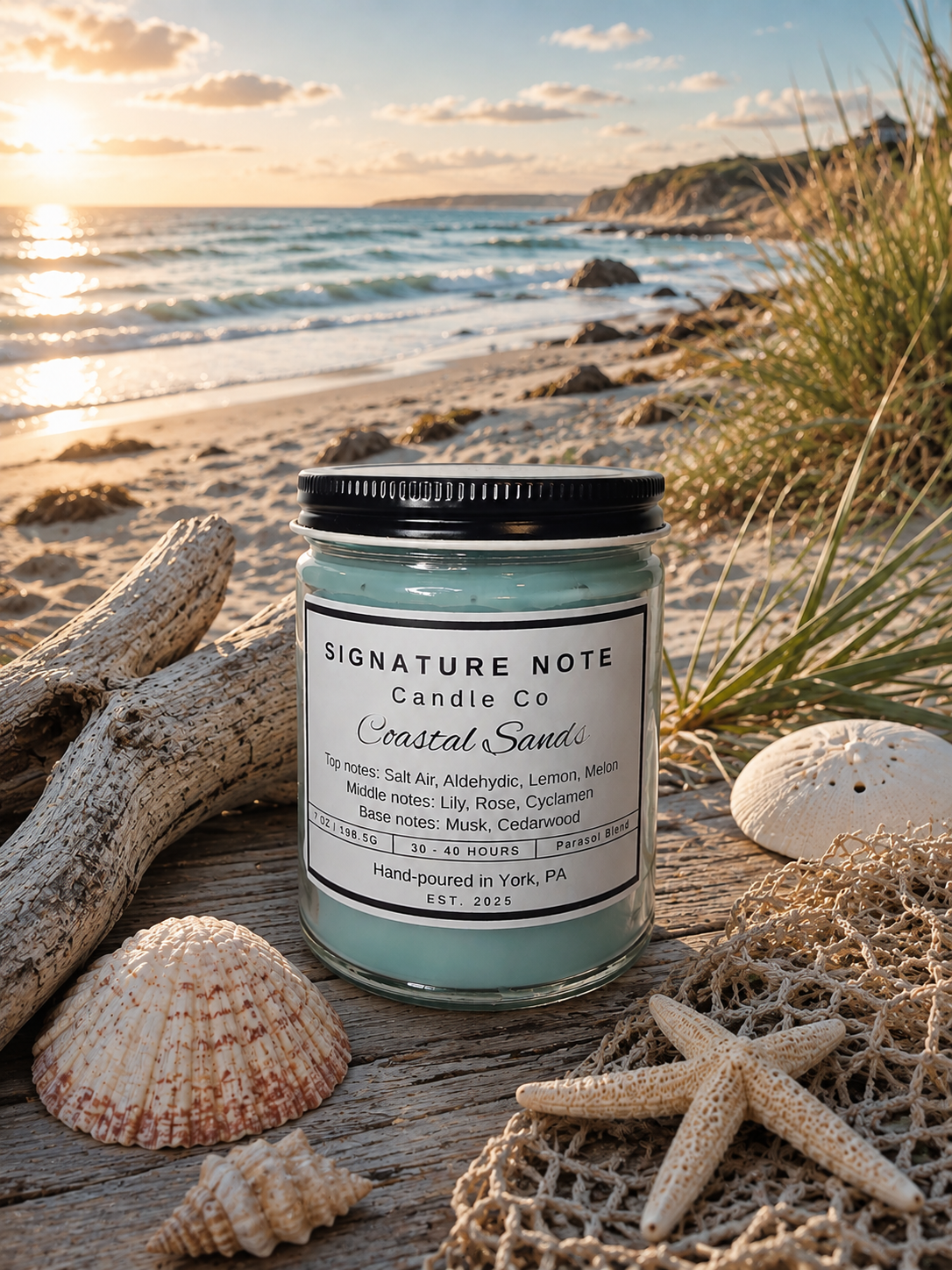 A 9 oz candle by ‘Signature Note Candle Co’ in a clear glass jar with a black lid, labeled 'Coastal Sands' sits on a beach-themed surface with seashells, driftwood, grass, and a sunset ocean background. The candle wax appears pale turquoise.
