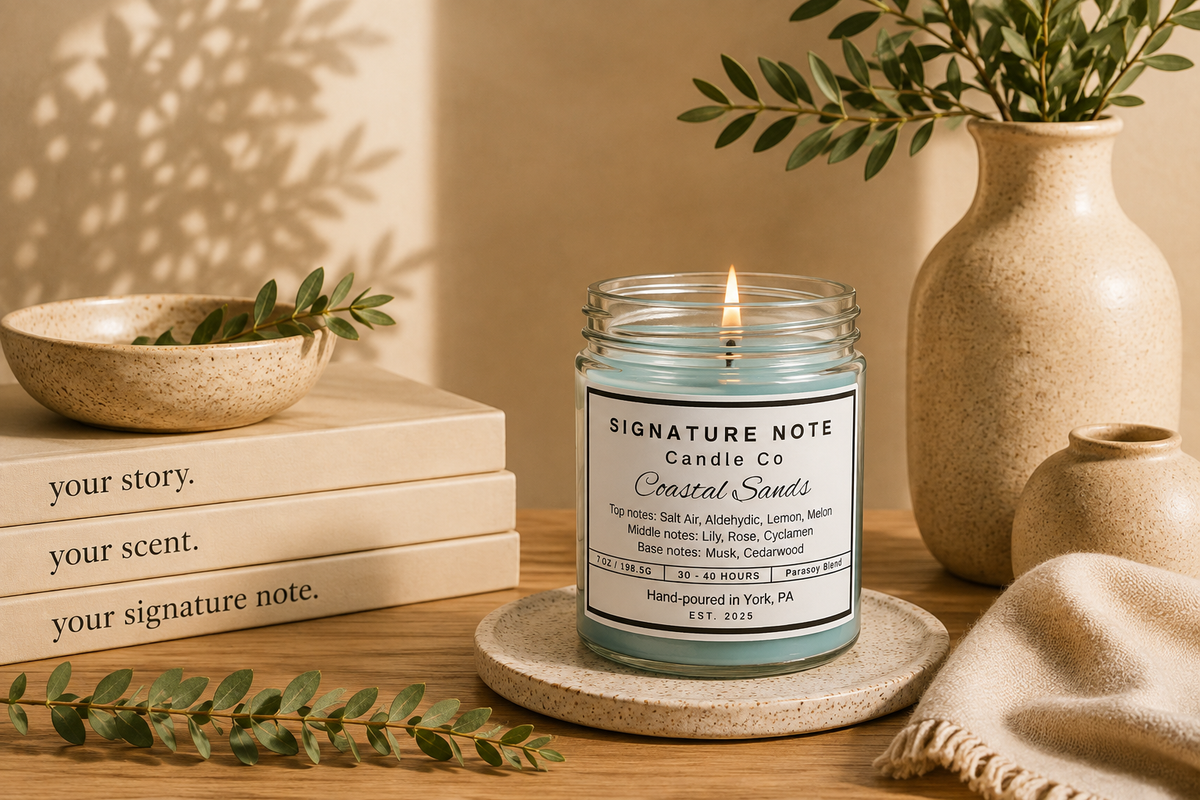 A lit candle in a clear glass jar sits on a round coaster on a wooden table, surrounded by books, a ceramic bowl, a vase with greenery, and a folded knit cloth. The candle label reads 'Signature Note Candle Co' and 'Coastal Sands'.
