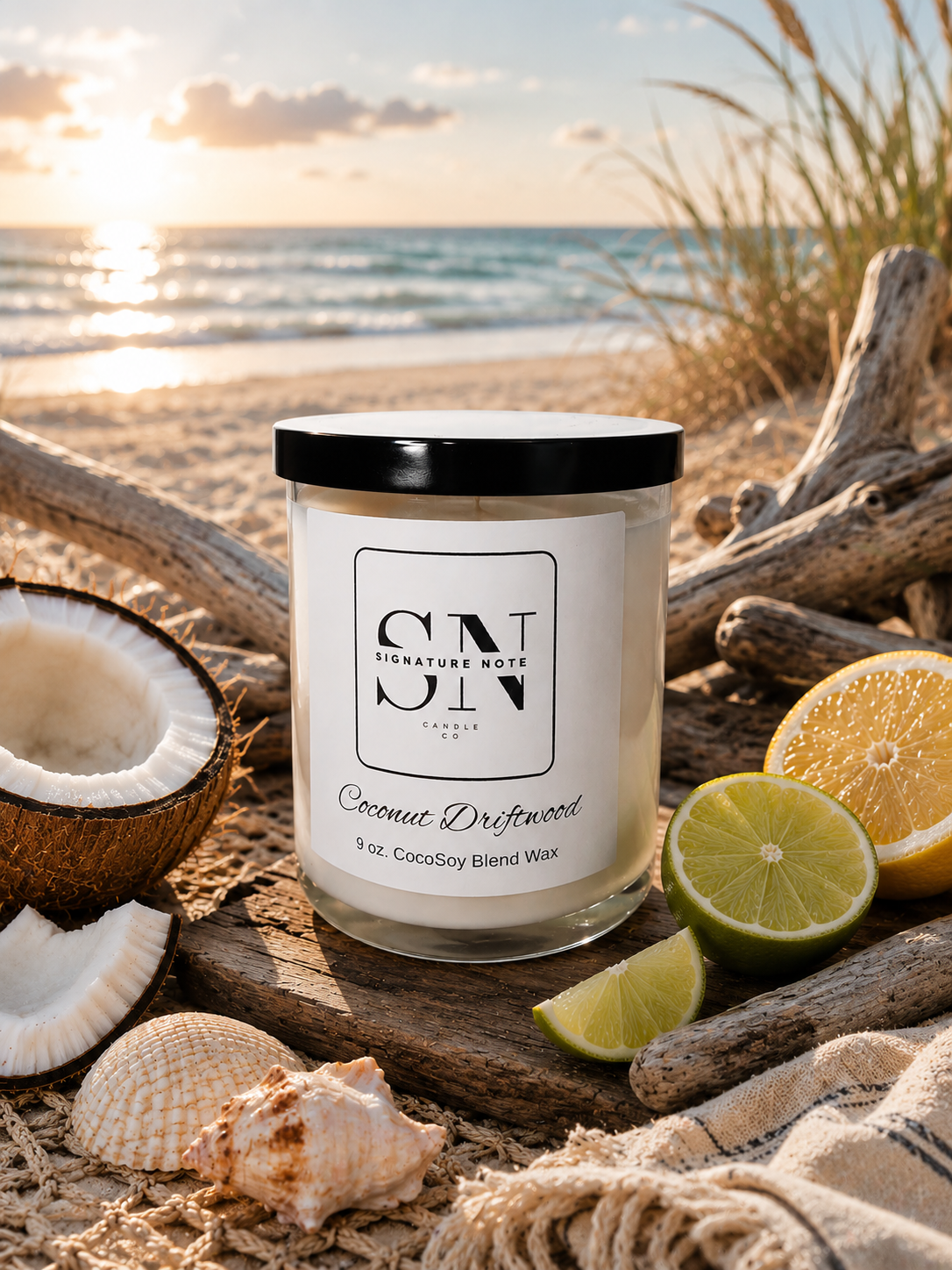A 9 oz candle by ‘Signature Note Candle Co’ in a clear glass jar with a black lid, labeled 'Coconut Driftwood' styled on a beach with driftwood, seashells, a coconut, and limes.
