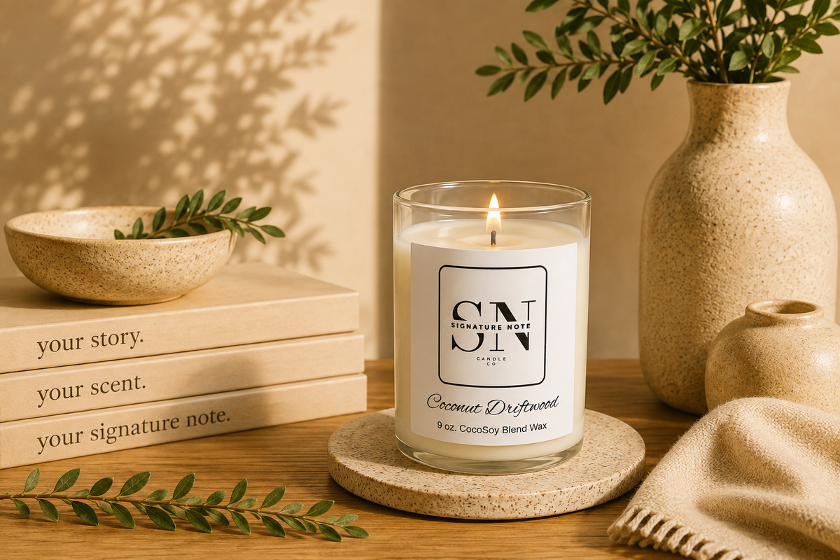 A lit candle in a clear glass jar sits on a round coaster on a wooden table, surrounded by books, a ceramic bowl, a vase with greenery, and a folded knit cloth. The candle label reads 'Signature Note Candle Co' and 'Coconut Driftwood'.