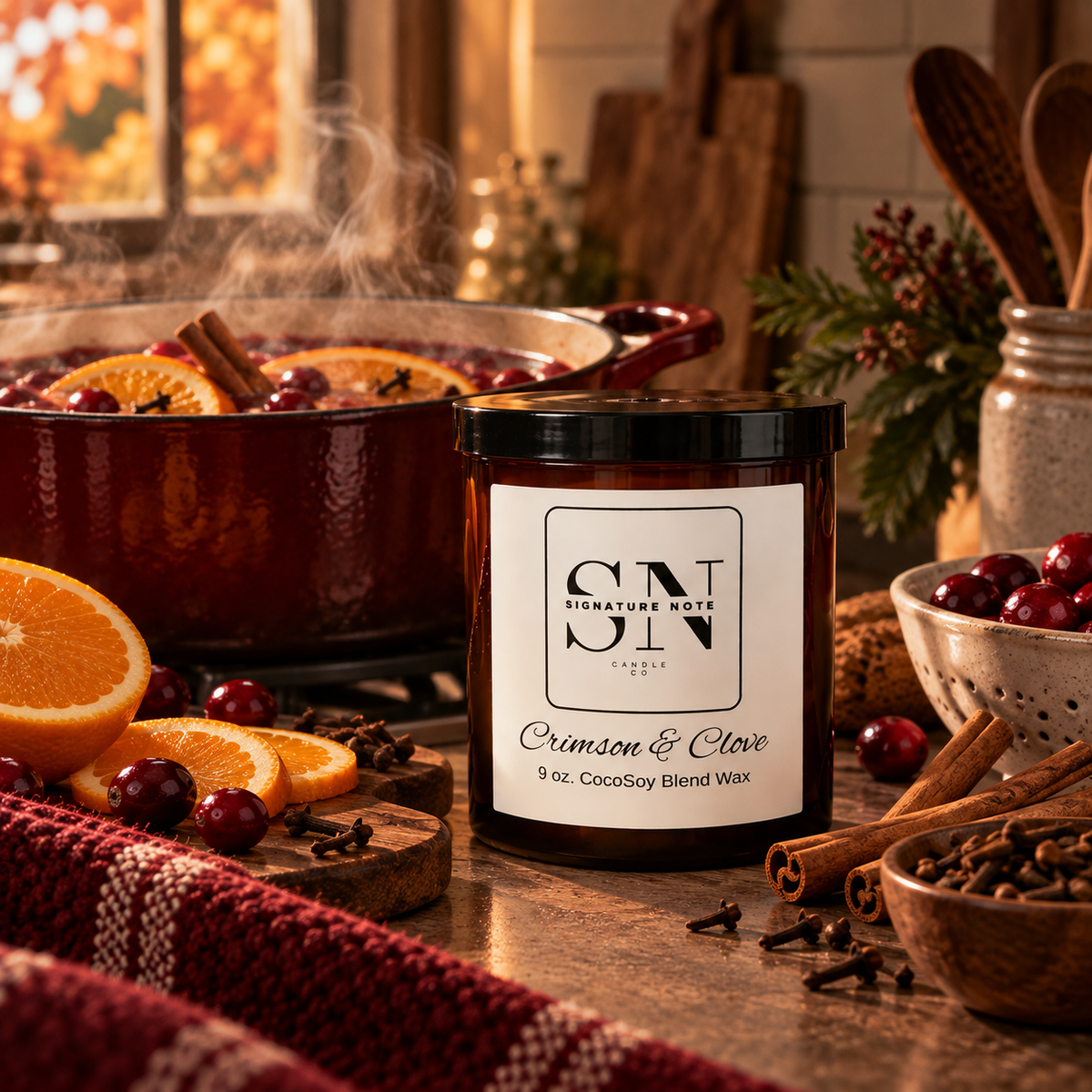 A 9 oz candle jar labeled 'Signature Note' 'Crimson & Clove' wax, styled on a rustic wooden table with oranges, cranberries, cinnamon sticks, and a cozy simmer pot in the background.