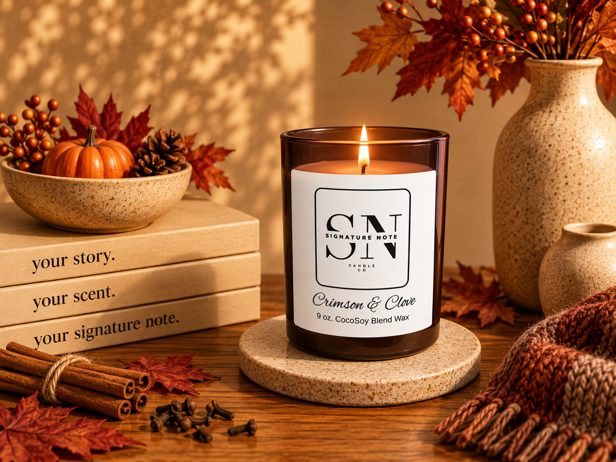 A lit amber glass candle with a white label reading 'Signature Note' and 'Crimson & Clove' sits on a stone coaster on a wooden table, styled with fall leaves, cinnamon sticks, books, a small pumpkin, and ceramic vases.