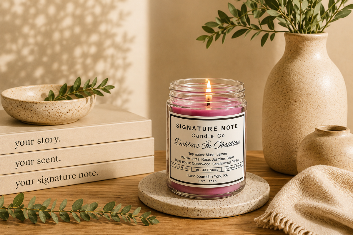 A lit candle in a clear glass jar sits on a round coaster on a wooden table, surrounded by books, a ceramic bowl, a vase with greenery, and a folded knit cloth. The candle label reads 'Signature Note Candle Co' and 'Dahlias In Obsidian'. 