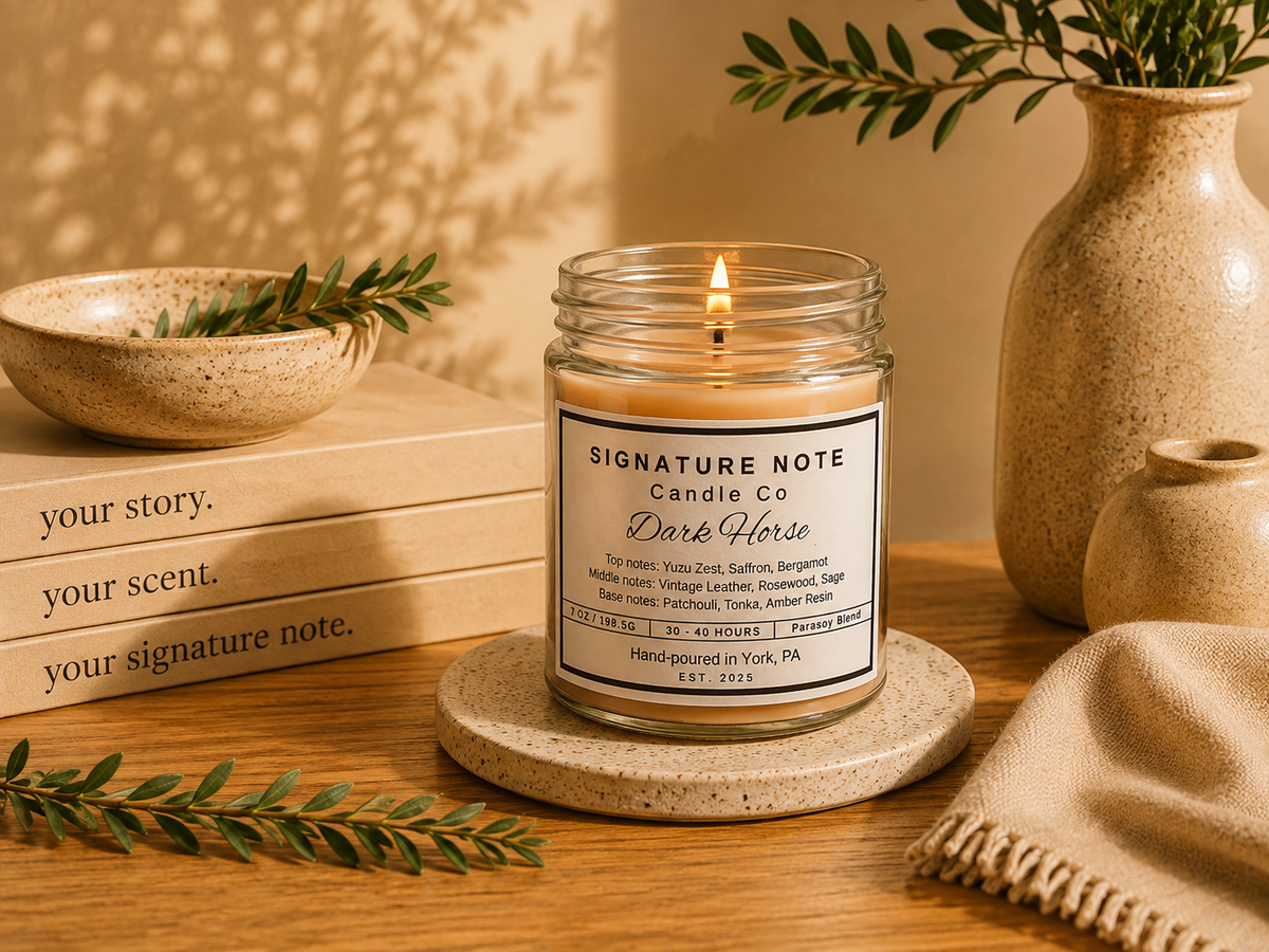 A lit candle in a clear glass jar sits on a round coaster on a wooden table, surrounded by books, a ceramic bowl, a vase with greenery, and a folded knit cloth. The candle label reads 'Signature Note Candle Co' and 'Dark Horse'. 