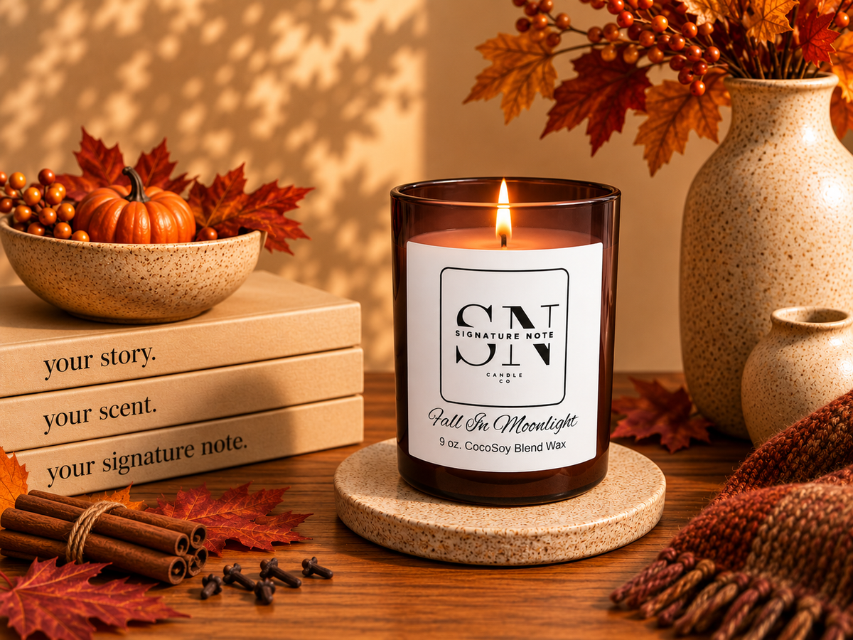 A lit amber glass candle with a white label reading 'Signature Note' and 'Fall In Moonlight' sits on a coaster on a wooden table, surrounded by fall decor including books, cinnamon sticks, berries, leaves, and a vase.