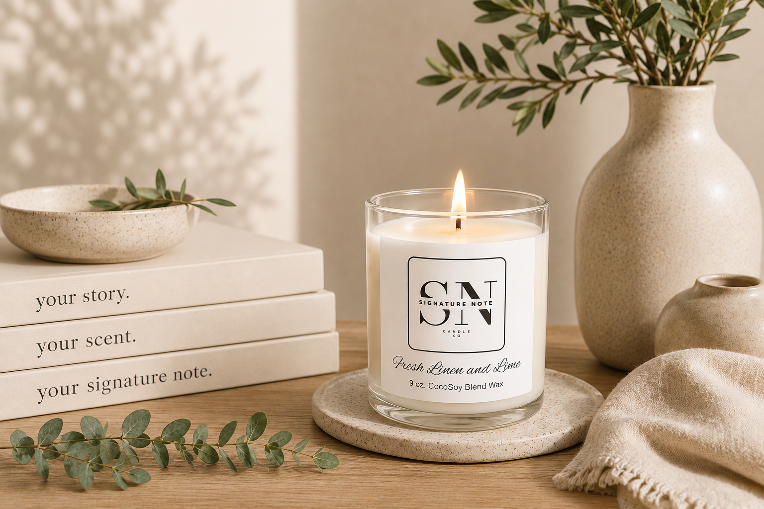 A lit candle in a clear glass jar sits on a round coaster on a wooden table, styled with books, greenery, a beige vase, and a folded cloth in a warm indoor setting.
