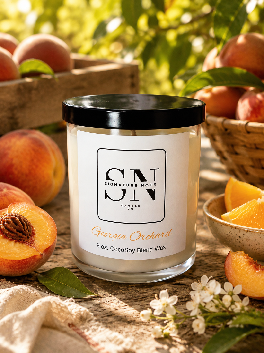 A jar candle labeled 'Georgia Orchard' by Signature Notes Candle Co. is styled outdoors with peaches, sliced peaches, flowers, and greenery in the background, suggesting a citrus-peach scent.