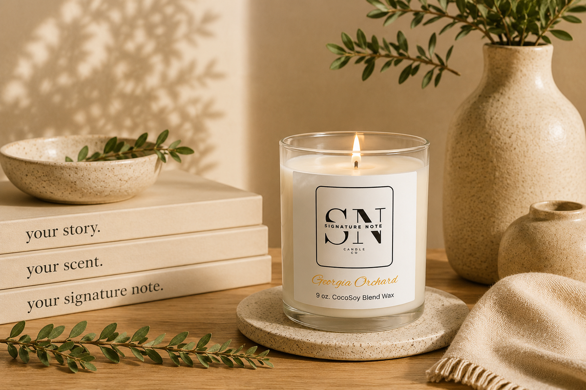 A lit candle in a clear glass jar sits on a round coaster on a wooden table, surrounded by books, a ceramic bowl, a vase with greenery, and a folded knit cloth. The candle label reads 'Signature Note Candle Co' and 'Georgia Orchard'.