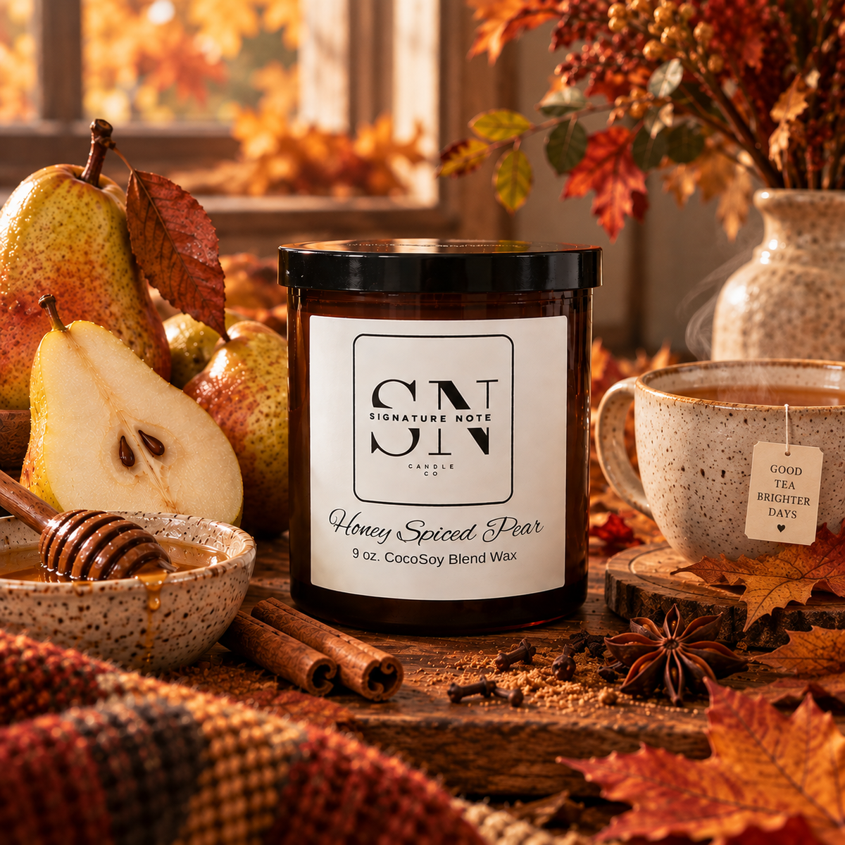 A jar candle labeled 'Honey Spiced Pear' by Signature Note Candle Co. is styled in an autumn scene with pears, cinnamon sticks, a mug of tea, honey, and fall leaves.