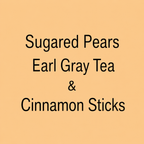 Text reading 'Sugared Pears Earl Gray Tea & Cinnamon Sticks' in black on a solid warm peach background.