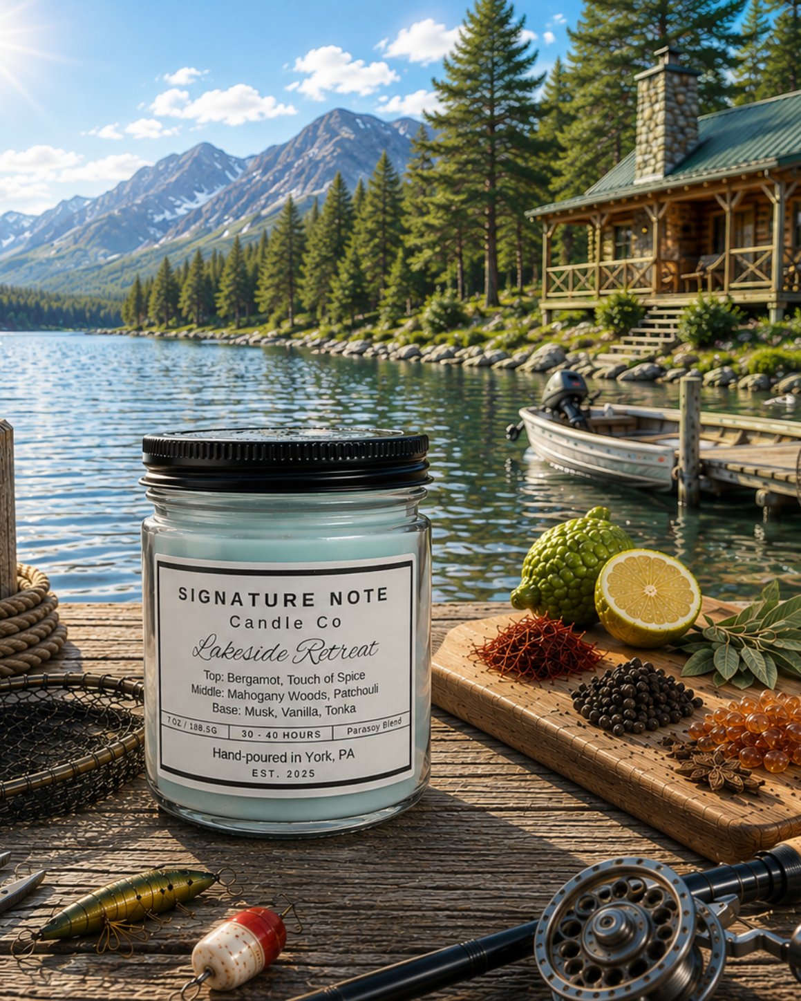 A 9 oz candle by ‘Signature Note Candle Co’ in a clear glass jar with a black lid, labeled 'Lakeside Retreat' styled on a lake with a dock with fishing gear and spices on it. A with a forest and mountins are in the background.