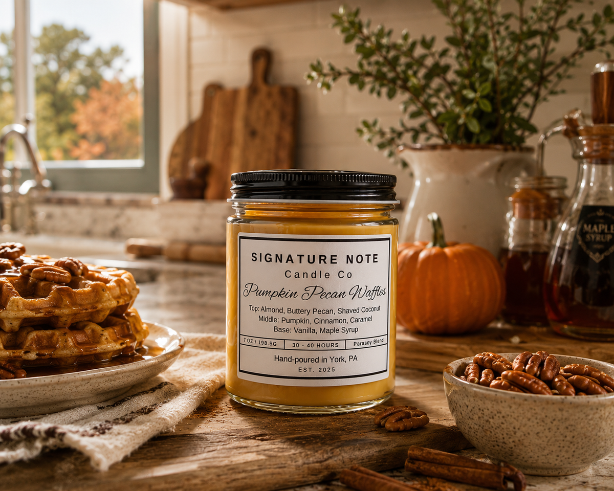 A 7 oz candle by ‘Signature Note Candle Co’ in a clear glass jar with a black lid, labeled 'Pumpkin Pecan Waffles' styled in a kitchen on a wooden table with a candle, a plate of waffles, a bowl of pecans, pumpkins and maple syrup in the background. 