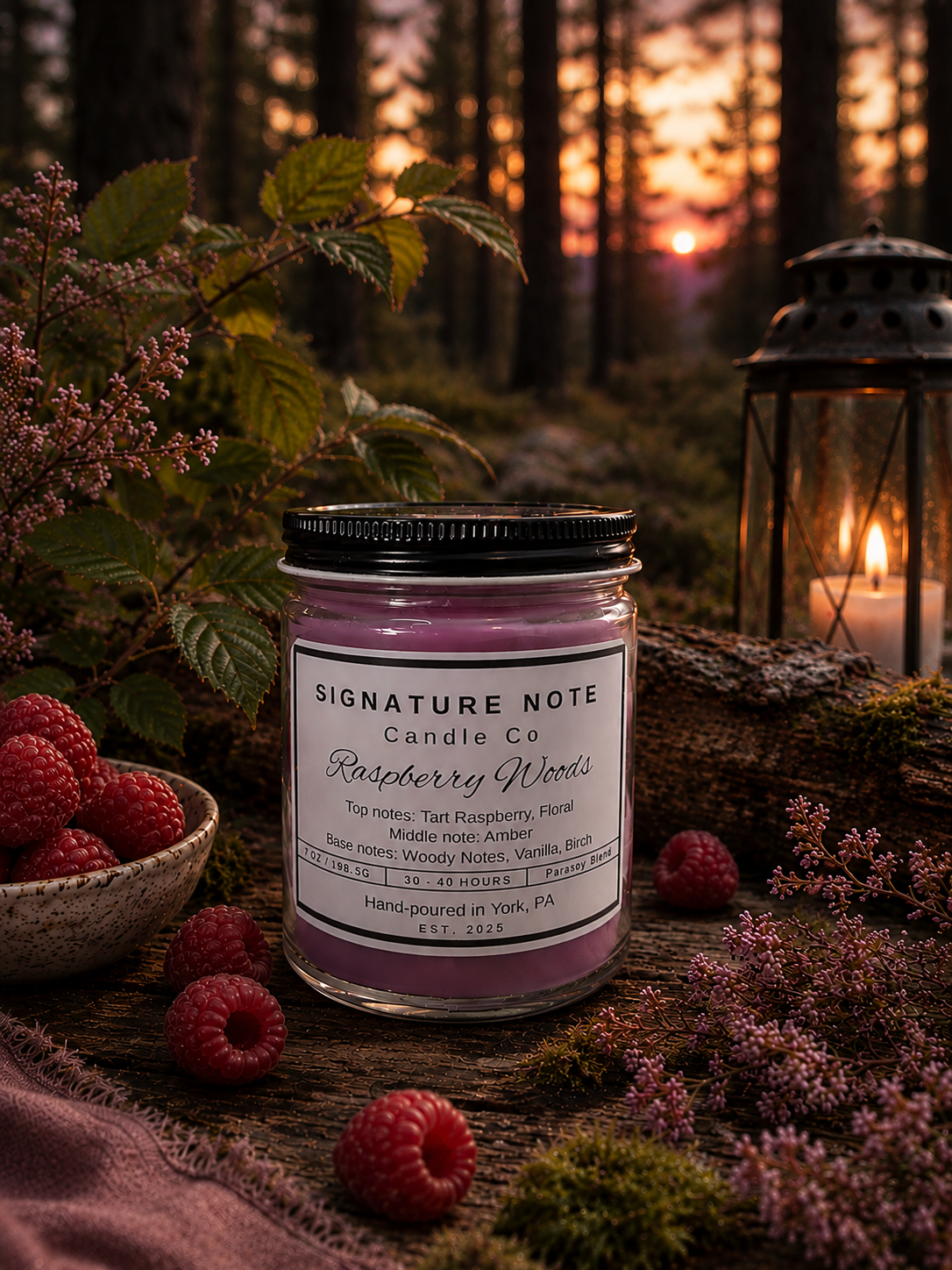 A 9 oz candle by ‘Signature Note Candle Co’ in a clear glass jar with a black lid, labeled 'Raspberry Woods' sits outside in the woods with raspberries, florals, and a lantern.
