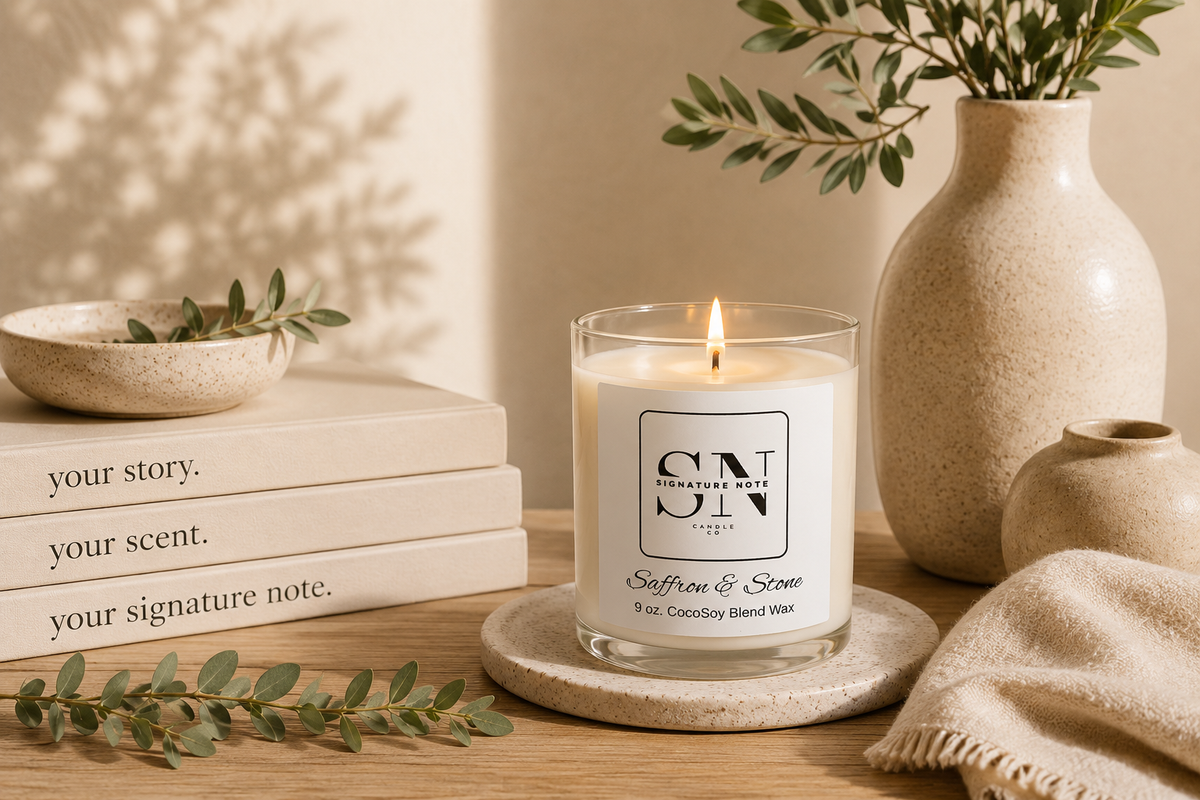 A lit candle in a clear glass jar sits on a round coaster on a wooden table, surrounded by books, a ceramic bowl, a vase with greenery, and a folded knit cloth. The candle label reads 'Signature Note Candle Co' and 'Saffron & Stone'. 