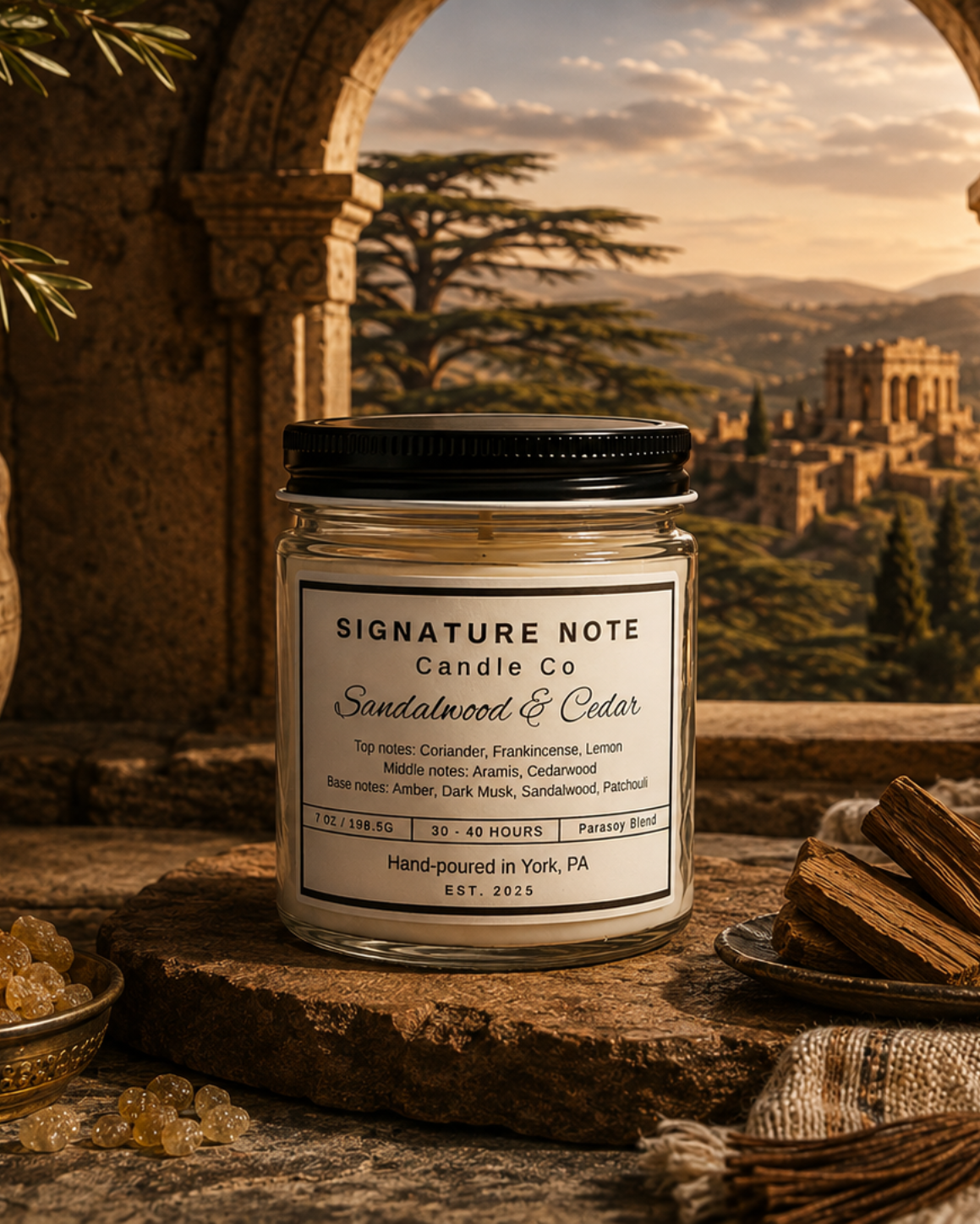 A 9 oz candle by ‘Signature Note Candle Co’ in a clear glass jar with a black lid, labeled 'Sandalwood & Cedar' styled on a stone on a table with beads, cedarwood, and a stone vase with greenery. A window shows an ancient temple and hillsides in the background.