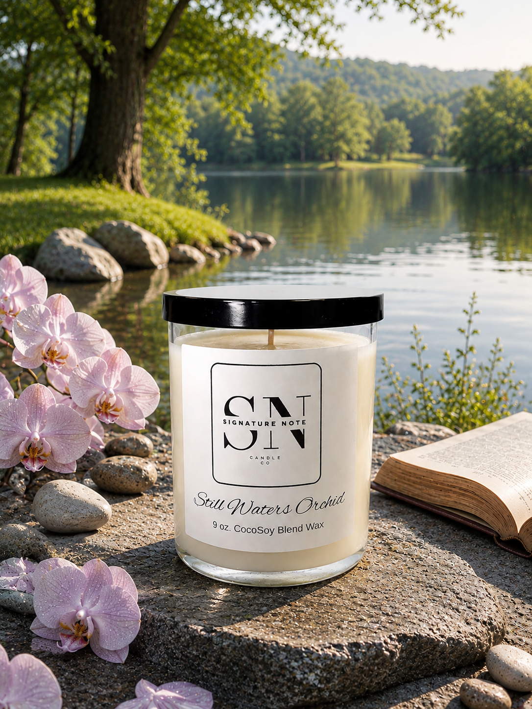 A 9 oz candle by ‘Signature Note Candle Co’ in a clear glass jar with a black lid, labeled 'Still Waters Orchid' sits on a stone beside a lake, with pink orchids, rocks, trees, and an open book in the background.
