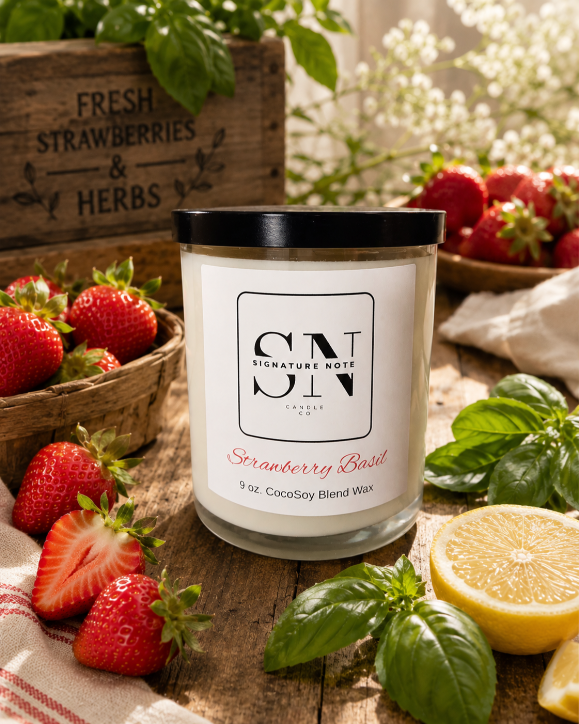 A 9 oz candle by ‘Signature Note Candle Co’ in a clear glass jar with a black lid, labeled 'Strawberry Basil' styled on a rustic wooden surface with strawberries, basil leaves, a lemon half, and a wooden sign reading 'Fresh Strawberries & Herbs'.