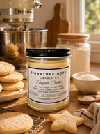 A 9 oz candle by ‘Signature Note Candle Co’ in a clear glass jar with a black lid, labeled 'Sugar Cookie' sits on a wooden table in a kitchen setting, surrounded by sugar cookies, a stand mixer, and jars of ingredients.