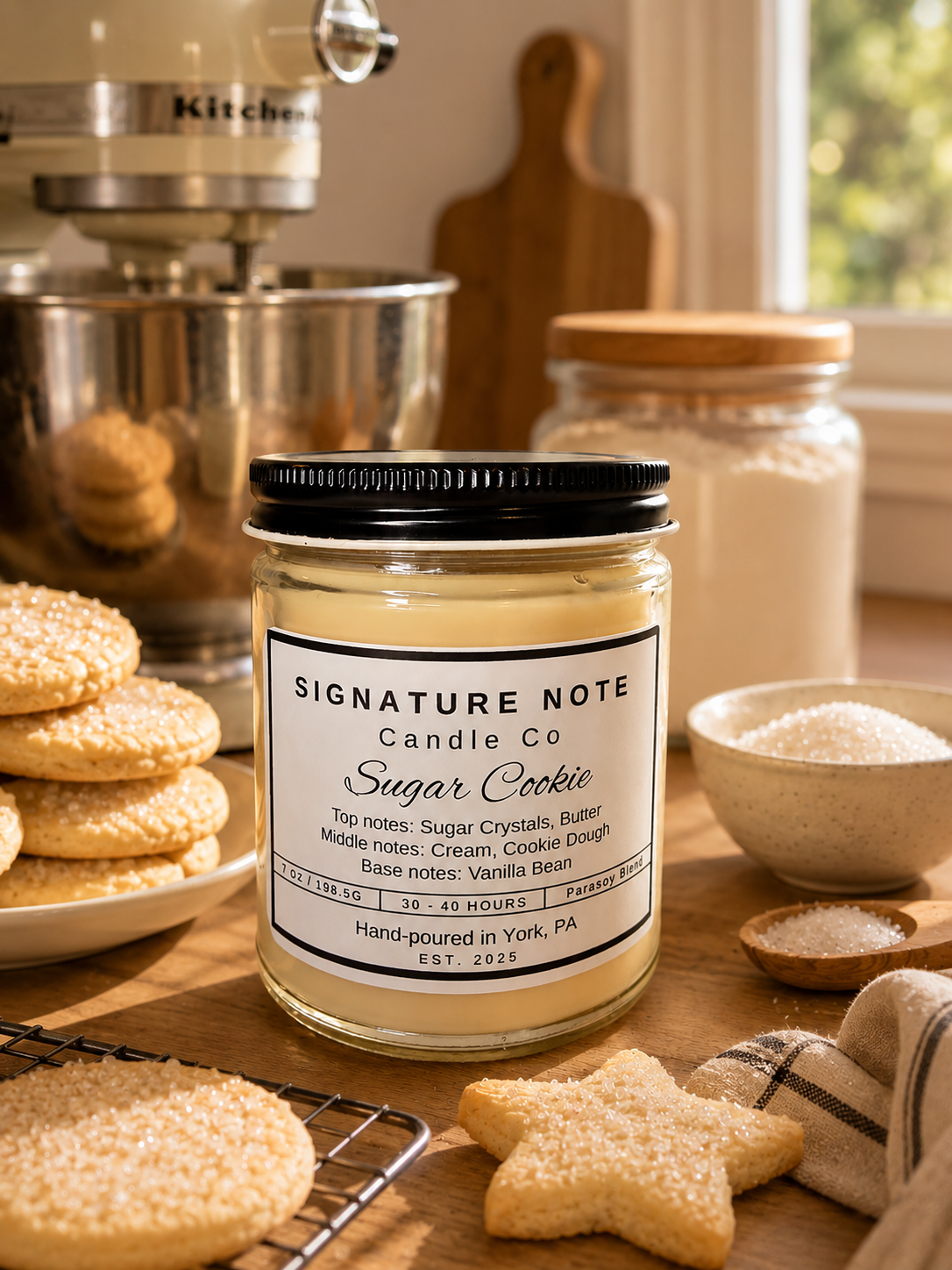 A 9 oz candle by ‘Signature Note Candle Co’ in a clear glass jar with a black lid, labeled 'Sugar Cookie' sits on a wooden table in a kitchen setting, surrounded by sugar cookies, a stand mixer, and jars of ingredients.