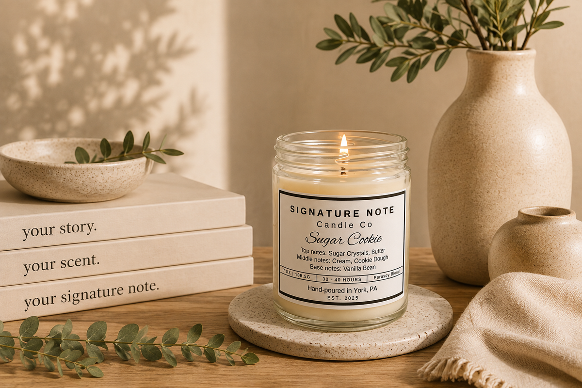 A lit candle in a clear glass jar sits on a round coaster on a wooden table, surrounded by books, a ceramic bowl, a vase with greenery, and a folded knit cloth. The candle label reads 'Signature Note Candle Co' and 'Sugar Cookie'.