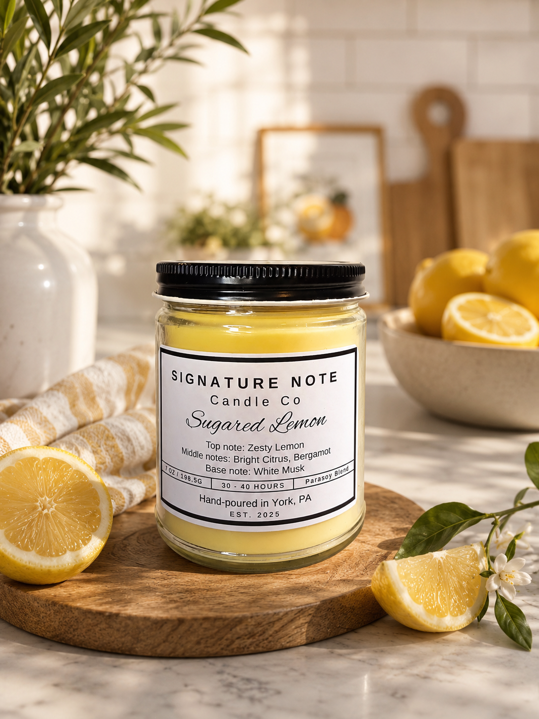 A 9 oz candle by ‘Signature Note Candle Co’ in a clear glass jar with a black lid, labeled 'Sugared Lemon' styled on a wood trivet on a table with lemons and linens in a kitchen.