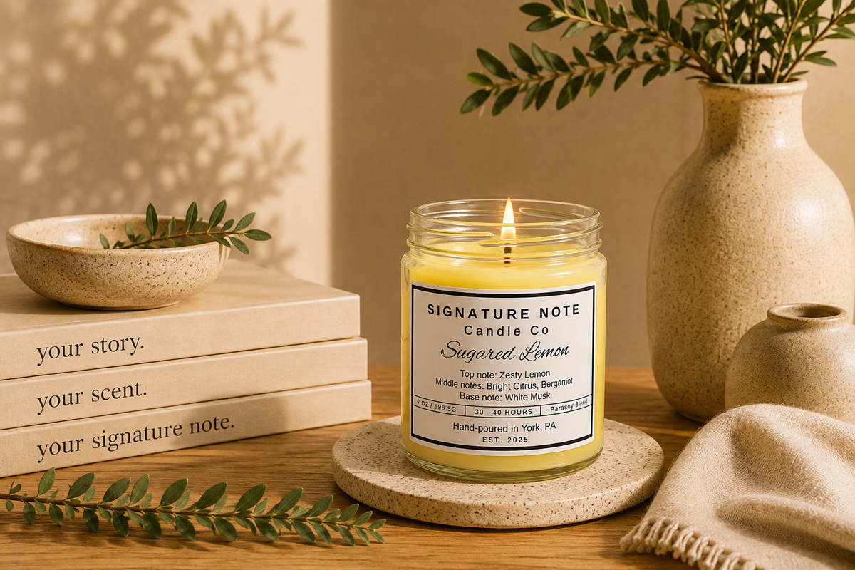 A lit candle in a clear glass jar sits on a round coaster on a wooden table, surrounded by books, a ceramic bowl, a vase with greenery, and a folded knit cloth. The candle label reads 'Signature Note Candle Co' and 'Sugared Lemon'.