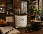 A 9 oz candle by ‘Signature Note Candle Co’ in a clear glass jar with a black lid, labeled 'The Coffee House' styled on a wooden table with a coffee cup, pastry on a plate, notebook, and coffee beans in a coffee shop.