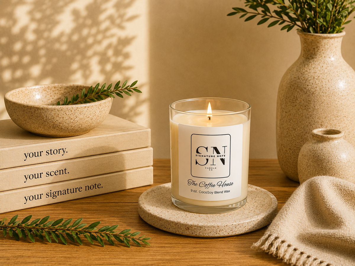 A lit candle in a clear glass jar sits on a round stone coaster on a wooden table, styled with books, a ceramic bowl, greenery, and textured vases in a warm neutral setting. The candle label reads 'Signature Note The Coffee House'.