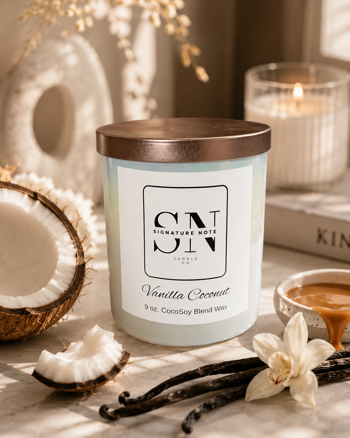 A 9 oz candle by ‘Signature Note Candle Co’ in an iridescent glass jar with a rose gold lid, labeled 'Vanilla Coconut' styled on a tile surface with coconut, vanilla and beans, and caramel with books and a candle in the background.