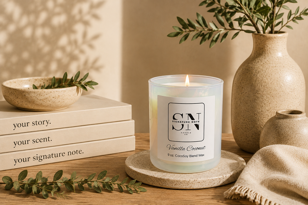 A lit candle in a iridescent glass jar sits on a round coaster on a wooden table, surrounded by books, a ceramic bowl, a vase with greenery, and a folded knit cloth. The candle label reads 'Signature Note Candle Co' and 'Vanilla Coconut'.
